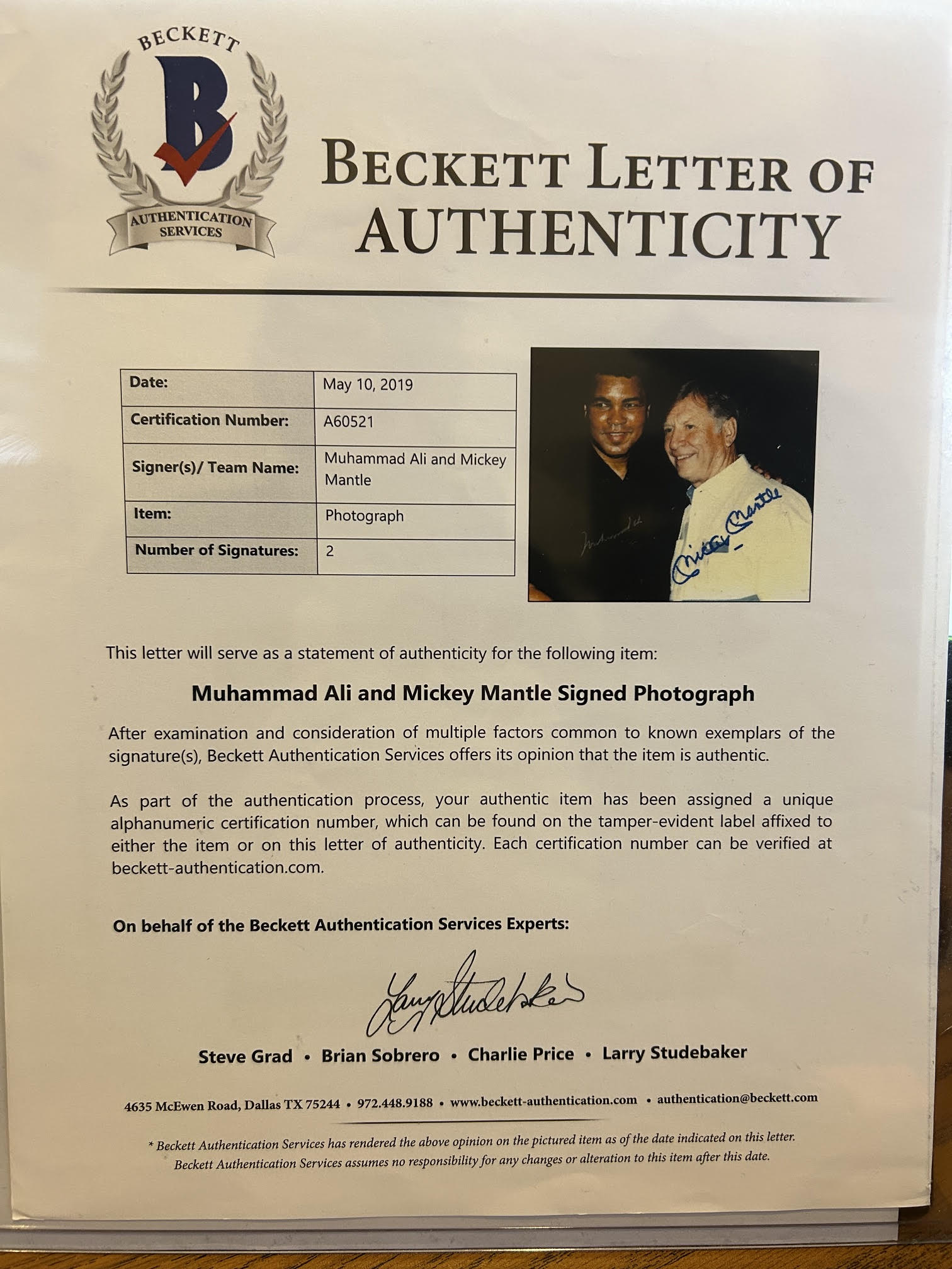 Muhammad Ali & Mickey Mantle Autographed 8x10 Photo Framed – Beckett LOA | One-of-a-Kind