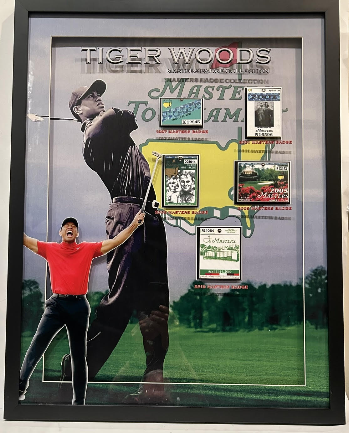 Tiger Woods Masters Badge Collection with 5 Replica Credentials (1997, 2001, 2002, 2005, 2019) Framed (24.5"W x 32"H) Collage