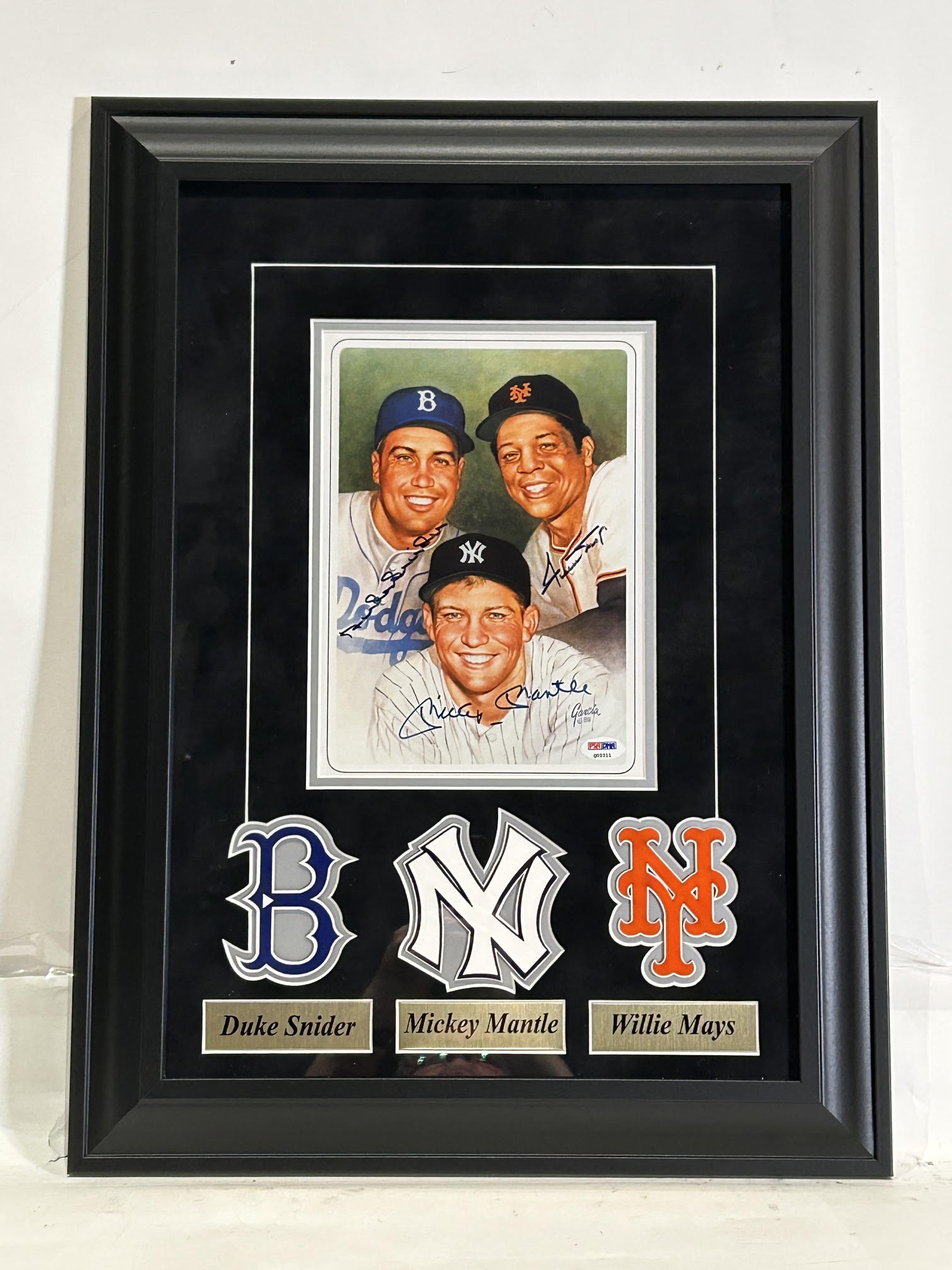Duke Snider, Willie Mays & Mickey Mantle Triple-Signed 8x10 Lithograph — Custom Framed | PSA LOA