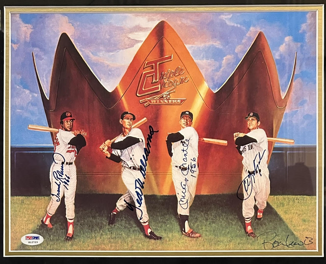 Triple Crown Winners (Robinson, Williams, Mantle, Yastrzemski) Autographed 11x14 Lithograph Framed (23"W x 28"H) PSA LOA