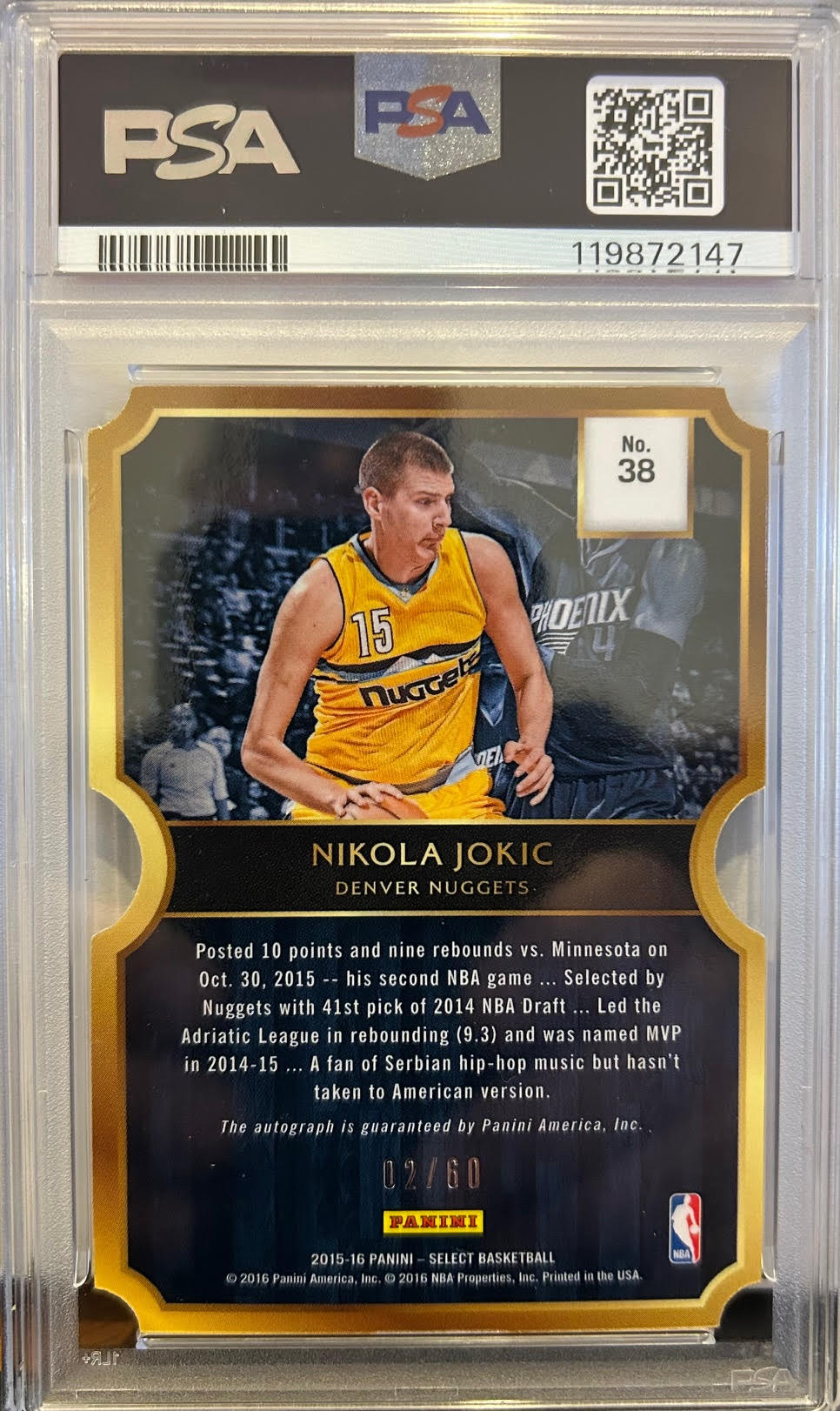 2015 Panini Select #38 Nikola Jokic Rookie Die-Cut Auto Mint 9 Auto 10 PSA/DNA Cert