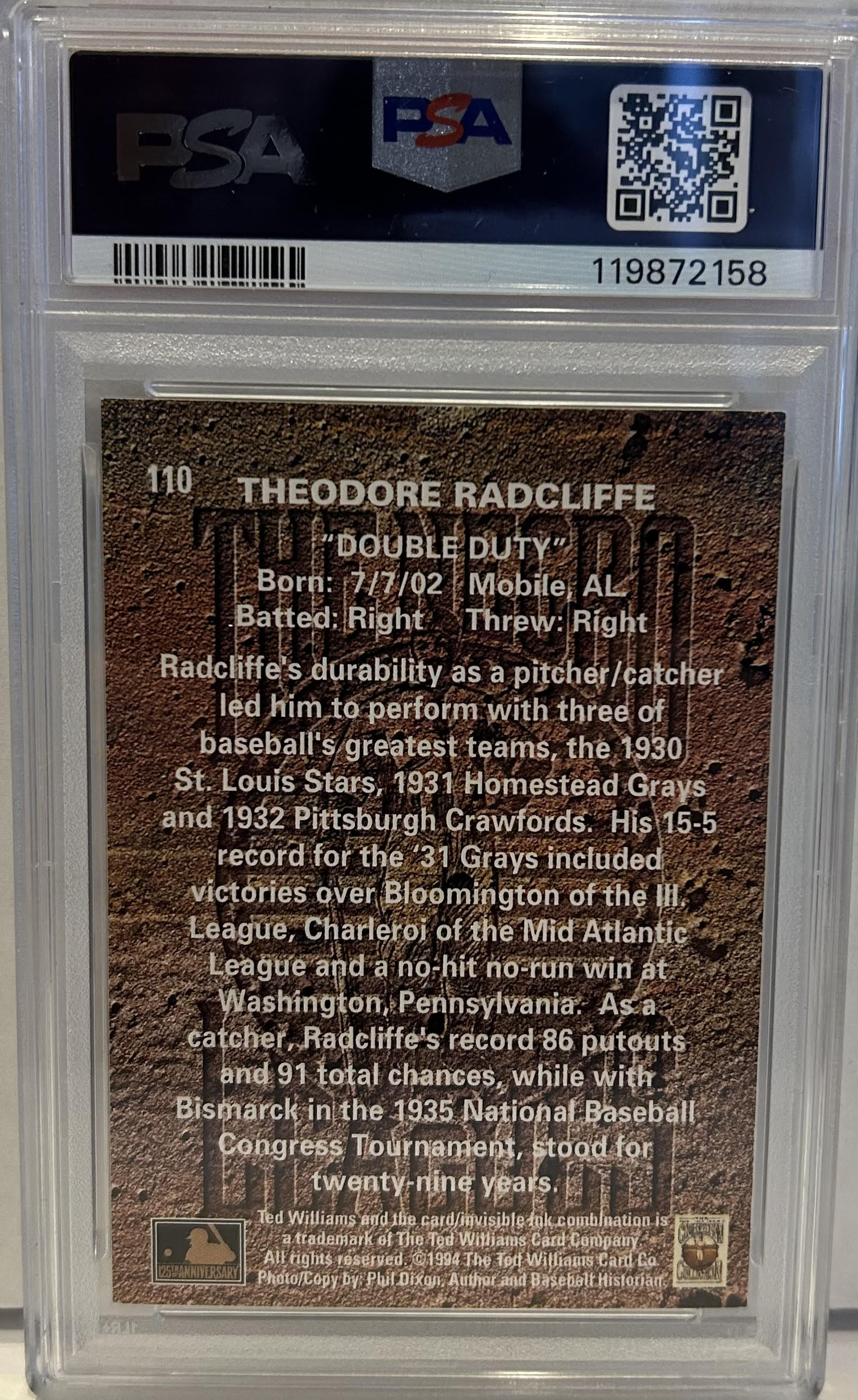 1994 Ted Williams CO. #110 Ted "Double Duty" Radcliffe NM-MT 8 Auto 9 PSA/DNA