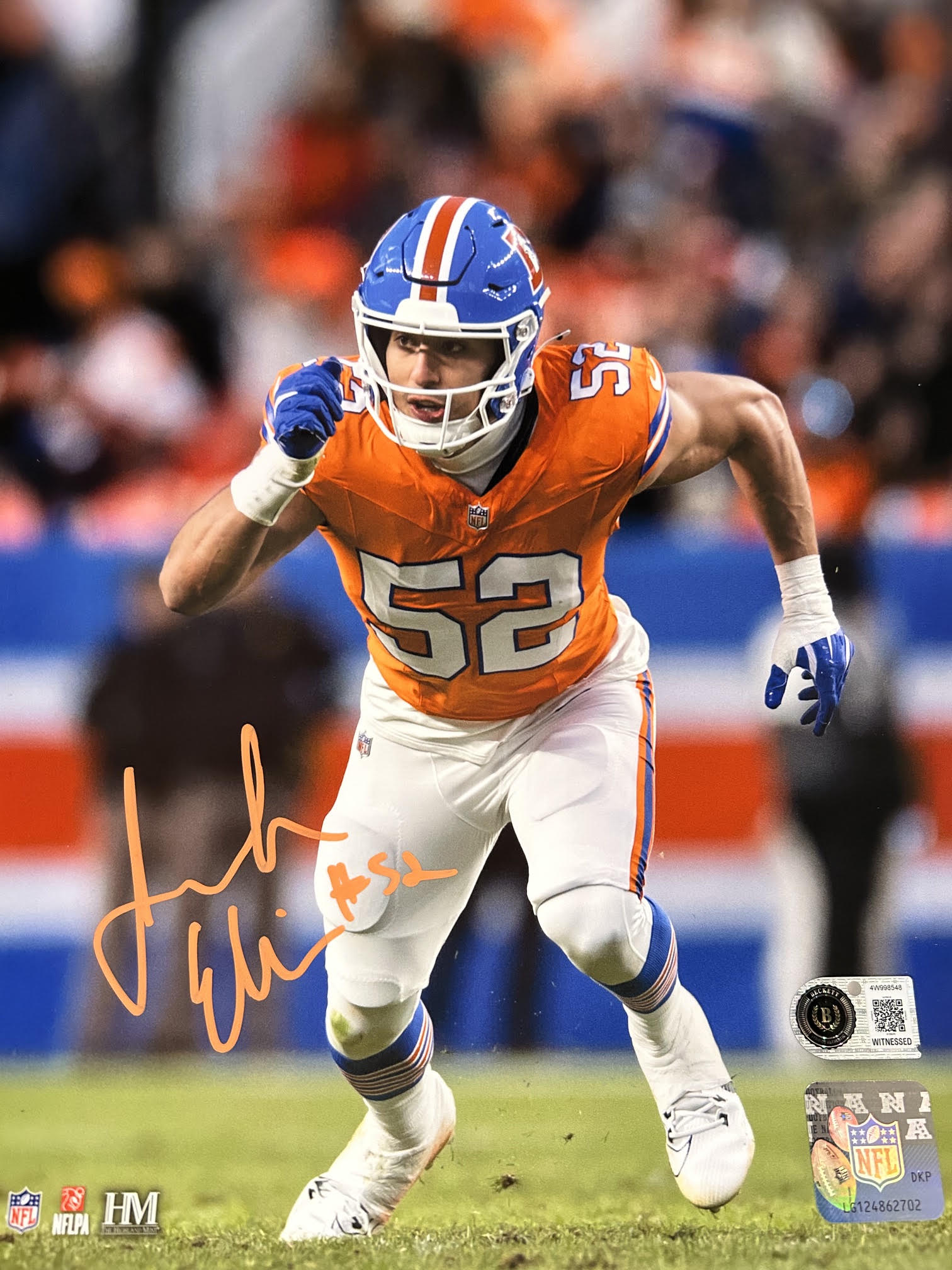 Jonah Elliss Autographed 8x10 Broncos Photo (Retro Orange Jersey) BAS COA