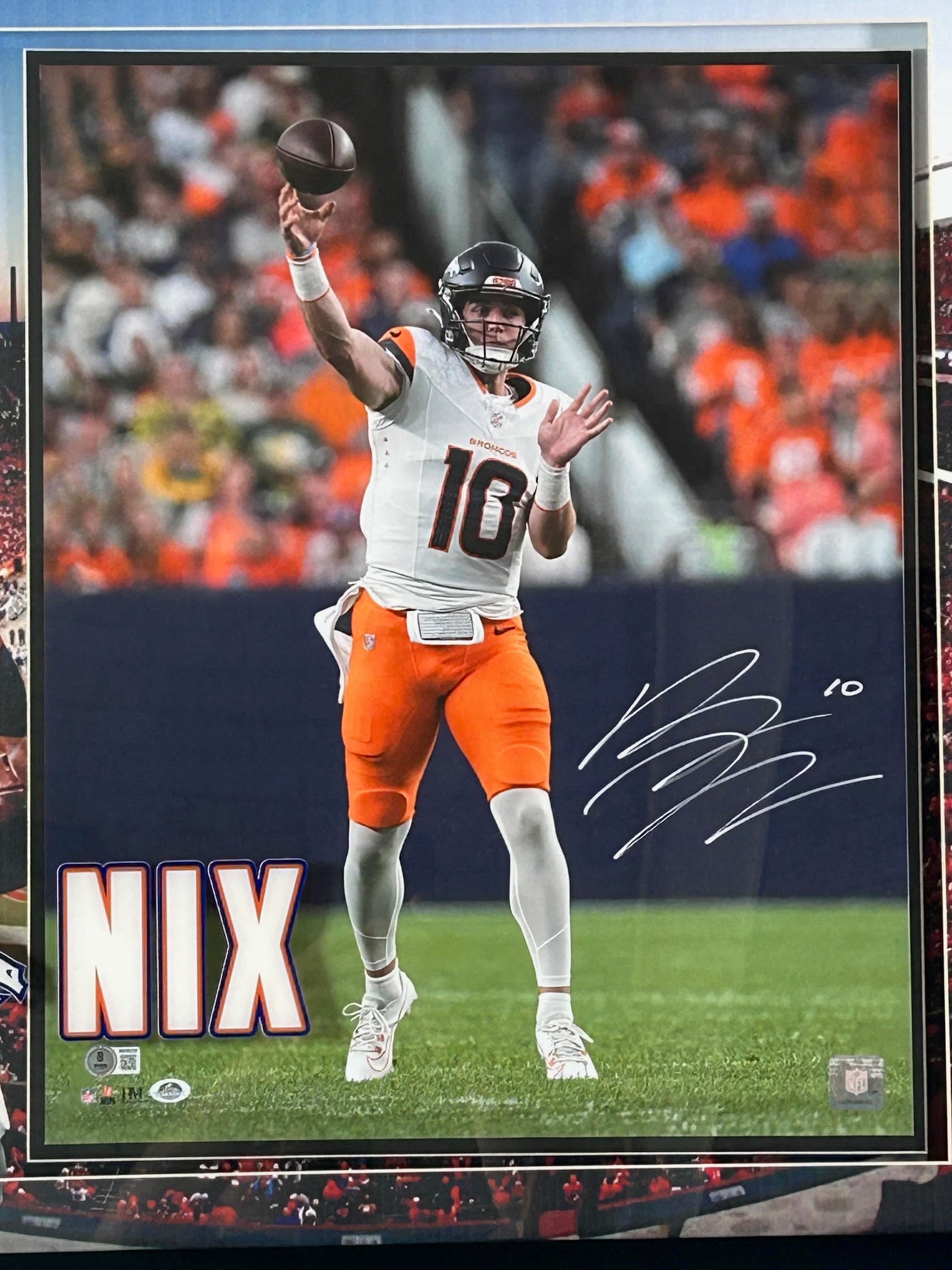 Bo Nix Autographed Denver Broncos 16x20 Photo - 3D Shadowbox 31.5x35.5x2 - BAS COA