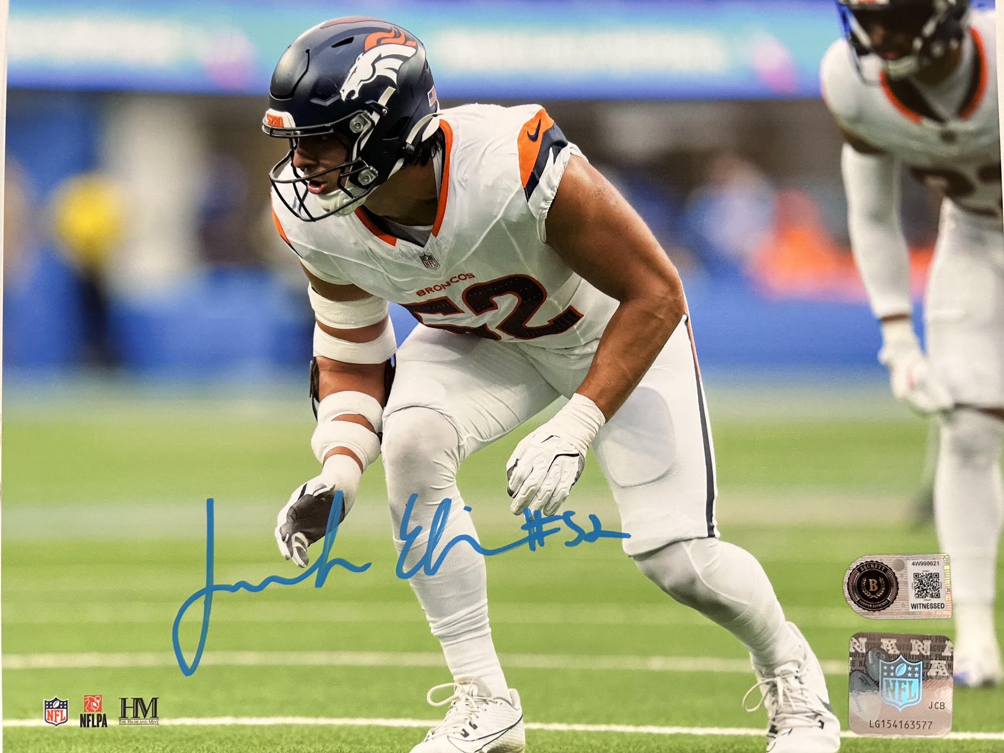 Jonah Elliss Autographed Broncos 8x10 Photo (Road White - In Stance) BAS COA
