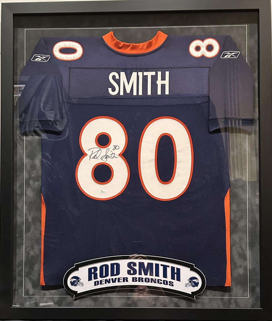 Rod Smith Autographed Framed Navy Reebok Denver Broncos Jersey – JSA COA