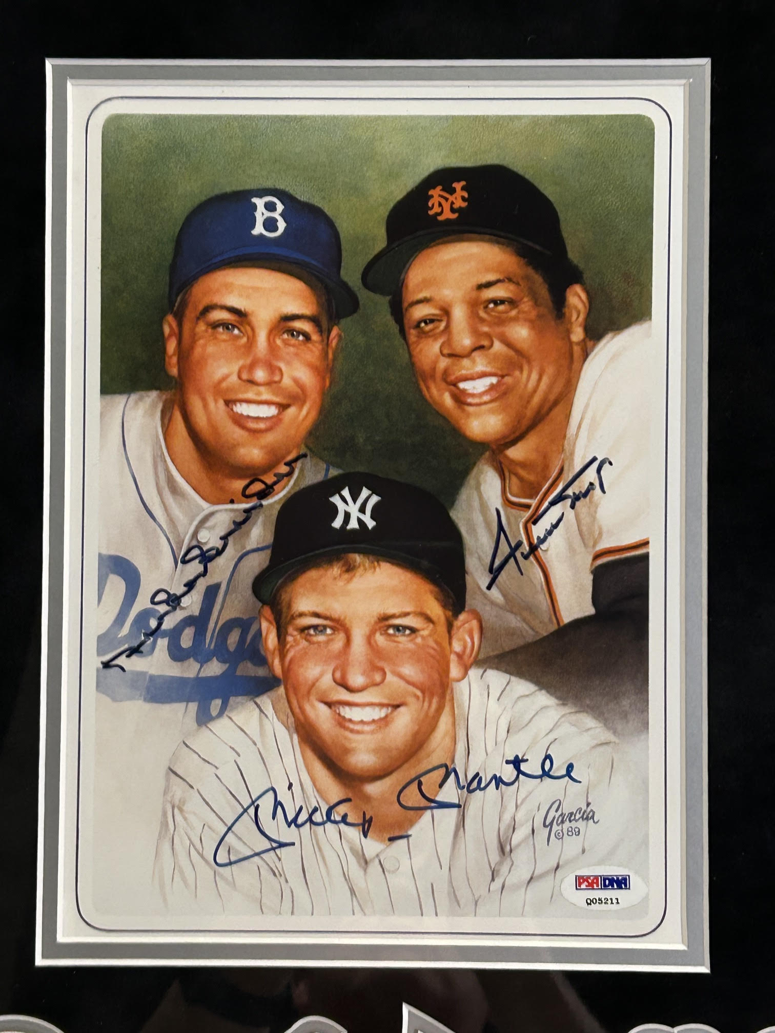 Duke Snider, Willie Mays & Mickey Mantle Triple-Signed 8x10 Lithograph — Custom Framed | PSA LOA